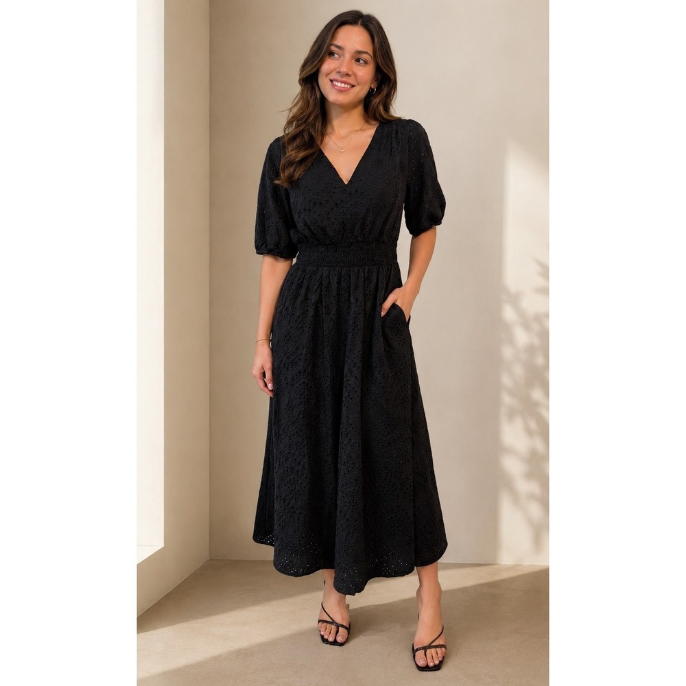 WHBM Outlet Black Eyelet Embroidered Midi Dress NWT Puff Sleeve Smocked Waist L